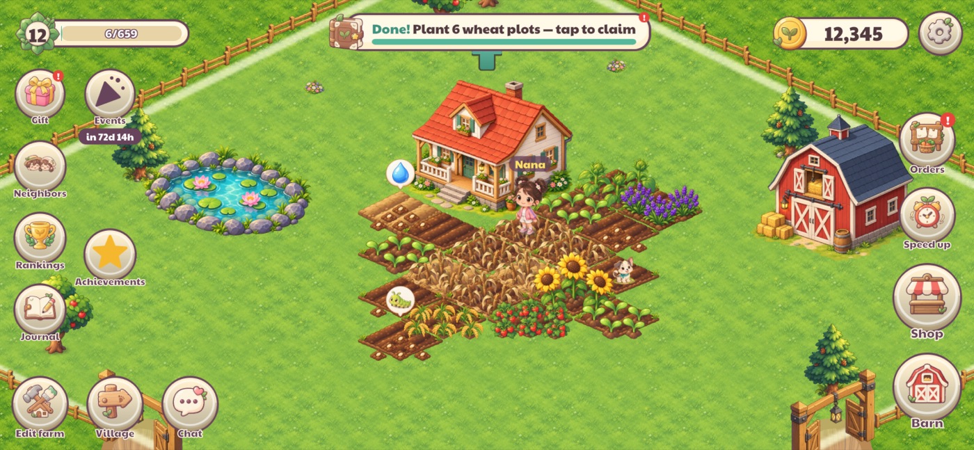 A Memory Farm farm with a red-roofed cottage, crop fields, a pond and a barn
